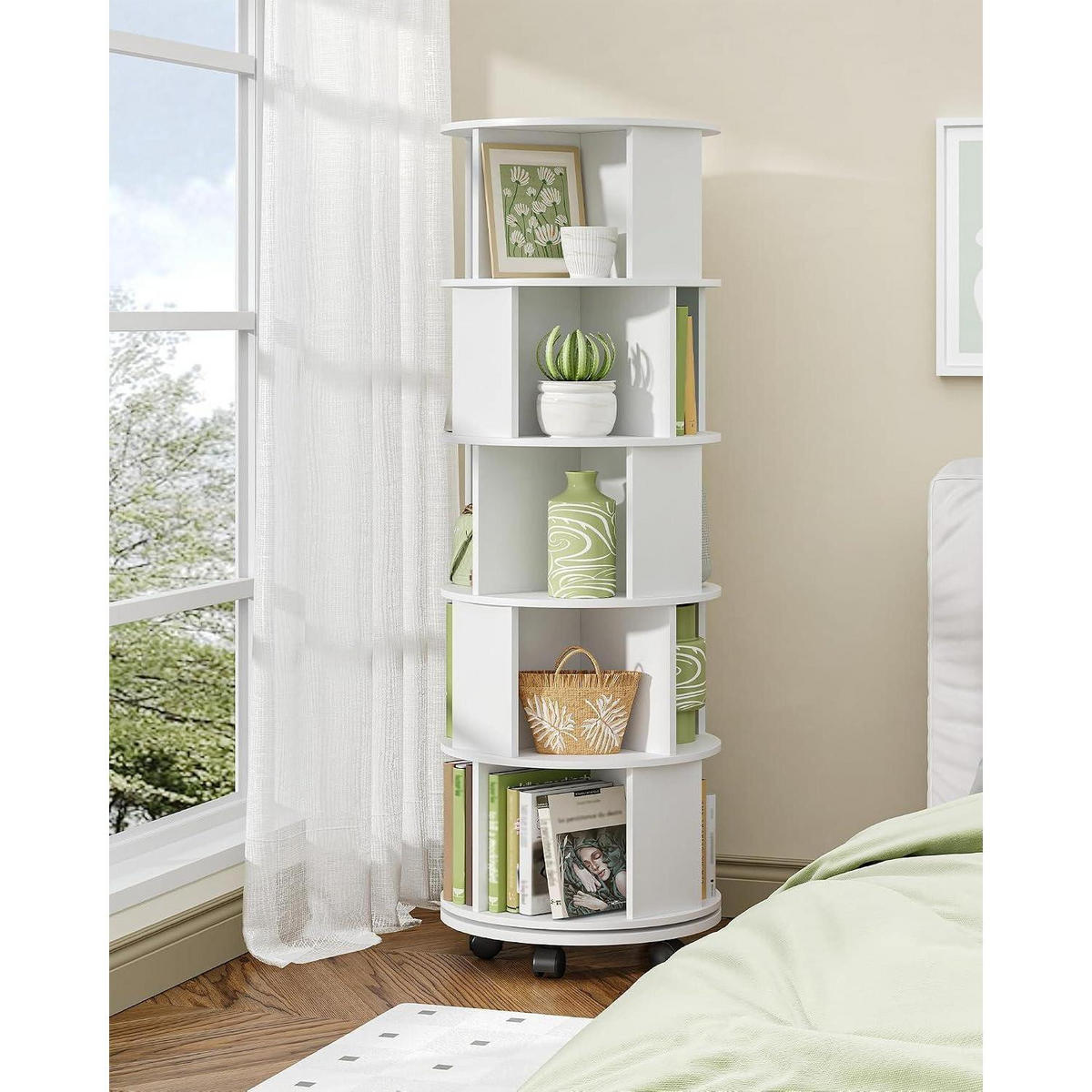 DREHBARES Bücherregal 5 Ebenen mit Rollen 45 x 45 x 161,5 cm Weiß - Weiß, Holzwerkstoff (45/161.5/45cm)