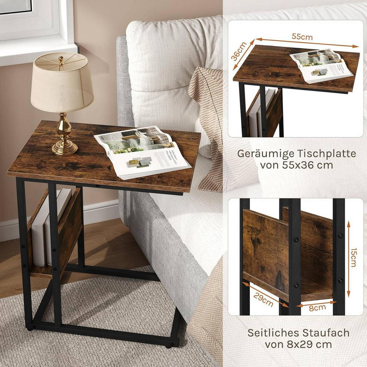 BEISTELLTISCH 55x36x59,5cm(BxTxH), Vintagebraun - Dunkelbraun/Schwarz, Holzwerkstoff/Metall (36/55/59.5cm) - Woltu
