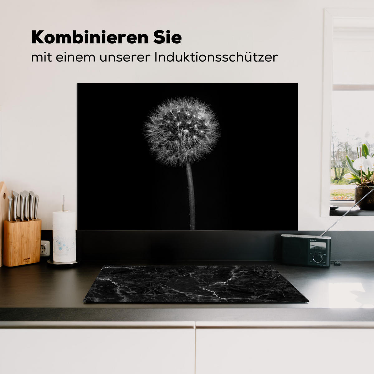 SPRITZSCHUTZ KÜCHE Löwenzahn - Schwarz - Floral - Botanisch 80x55 cm - Grau, Metall (80/0.3/55cm) - MuchoWow