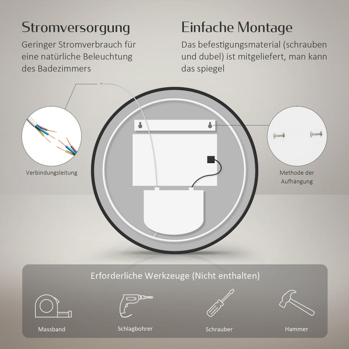 BADSPIEGEL Rund mit Beleuchtung Schwarz ф80 cm - Schwarz, Glas (80/3.1/80cm) - EMKE