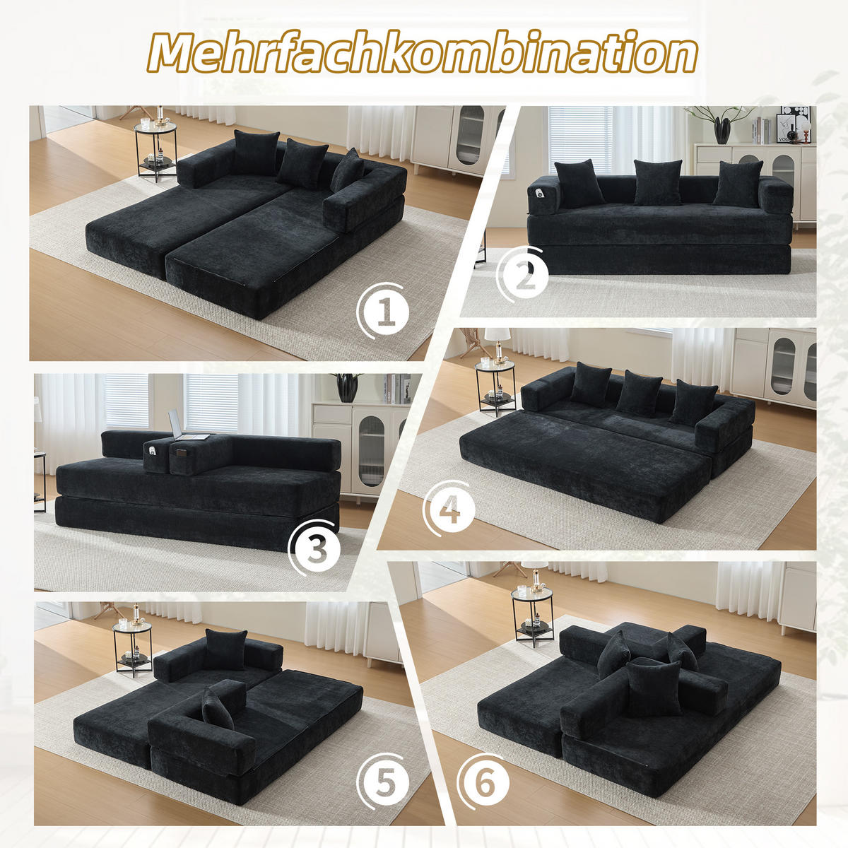 SCHLAFSOFA, Klappbares Bodensofa, Modulares Polstersofa Chenille, Schwarz - Schwarz, Textil (79/60/198cm) - LVHOM