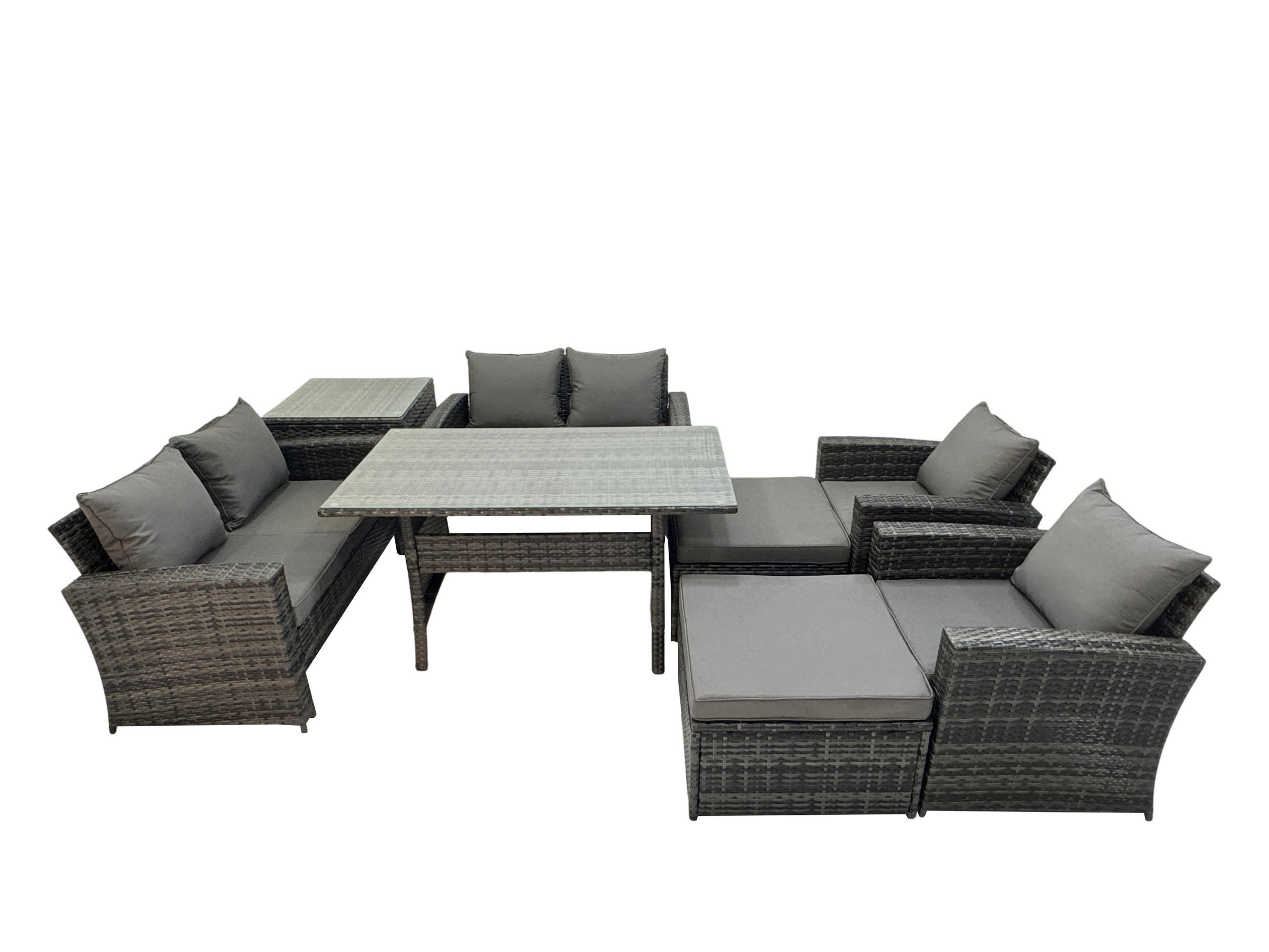 GARTENMÖBELSET mit 2 Sesseln,2 Zweisitzer,2 Hockern,Esstisch,Beistelltisch Polyrattan Dunkelgrau 8-Sitzer - Dunkelgrau/Grau, Glas/Kunststoff - Fimous