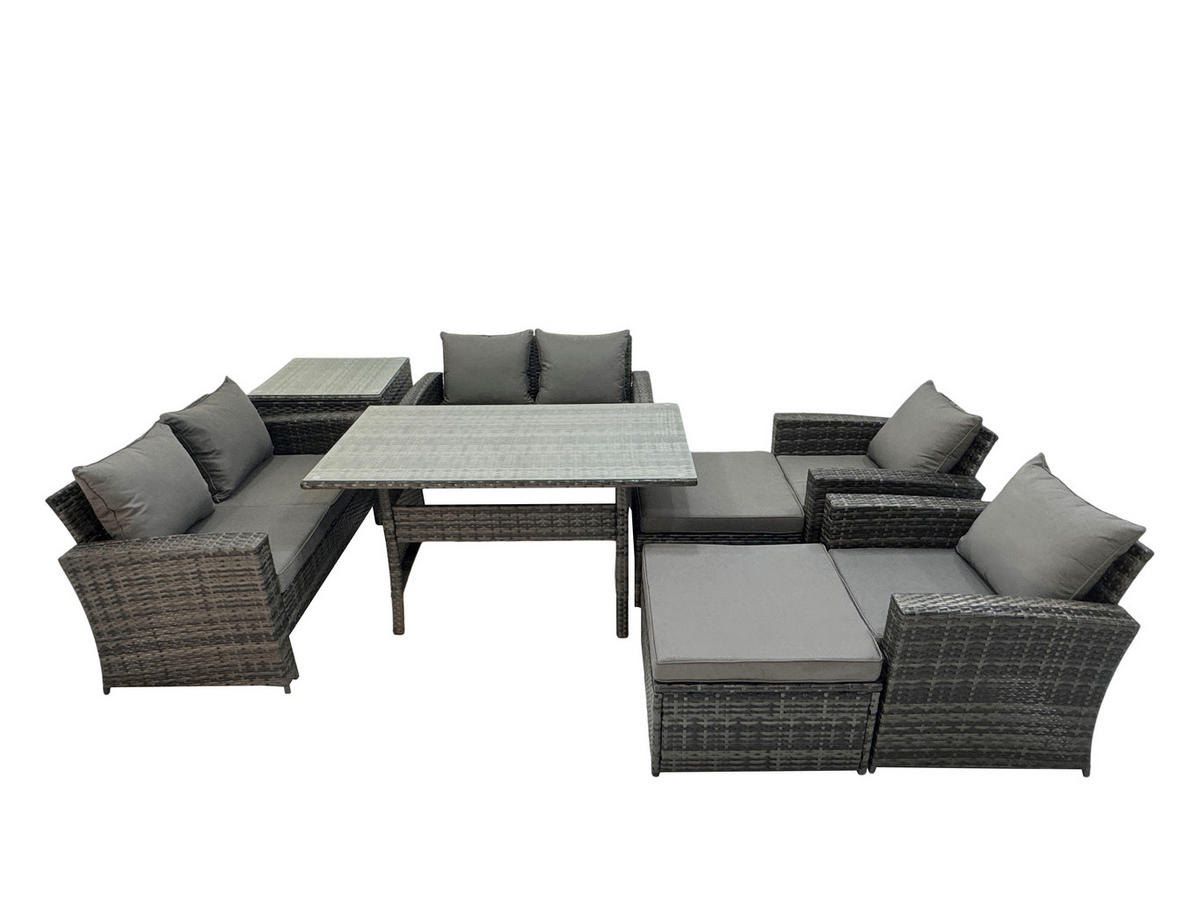 GARTENMÖBELSET mit 2 Sesseln,2 Zweisitzer,2 Hockern,Esstisch,Beistelltisch Polyrattan Dunkelgrau 8-Sitzer - Dunkelgrau/Grau, Glas/Kunststoff - Fimous