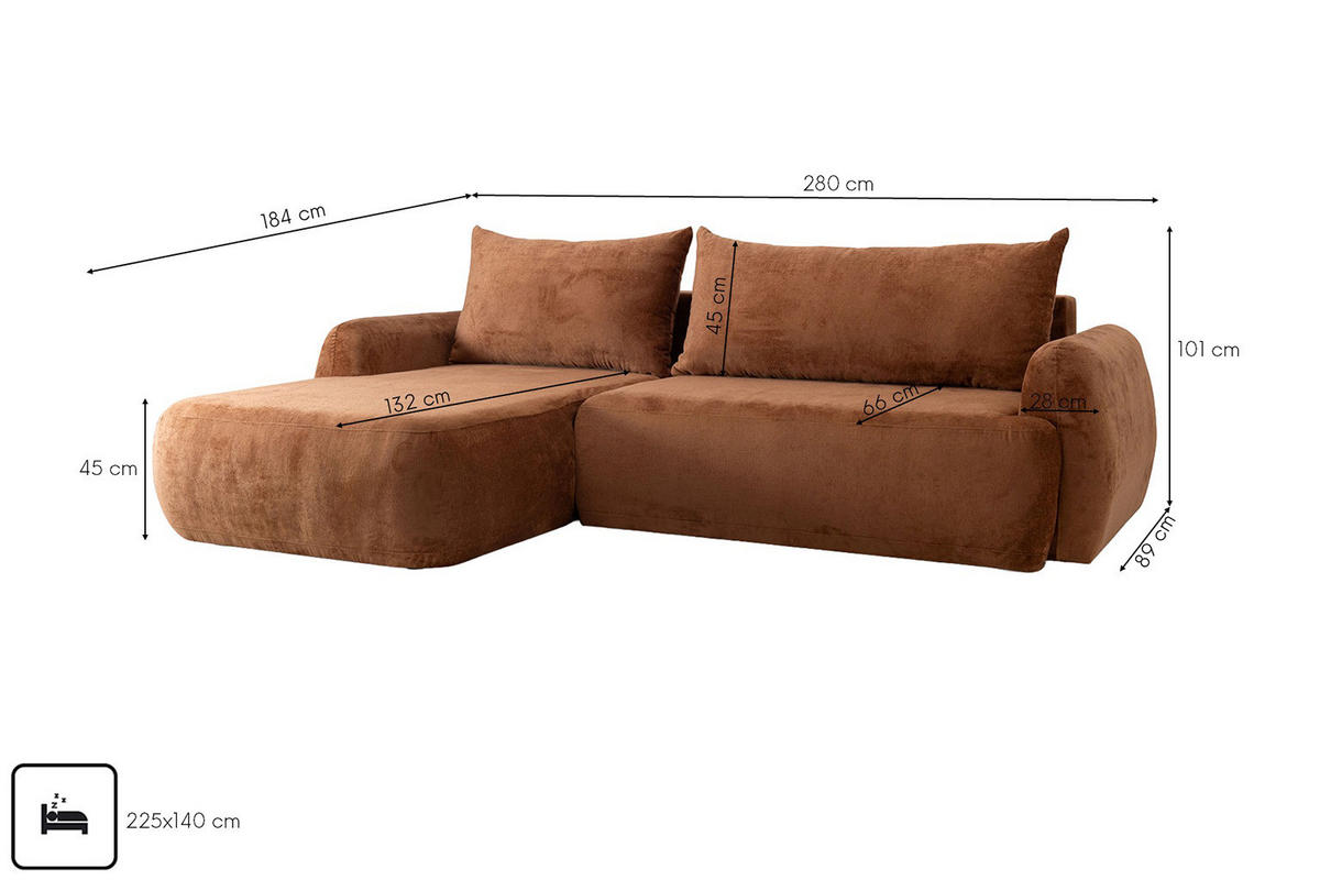 ECKSOFA Mit Schlaffunktion Und Bettkasten, Chenille-Stoff Perfecto, Kupfer, Links, HELA II - Kupferfarben, Holz (280/184cm) - Kaiser Möbel