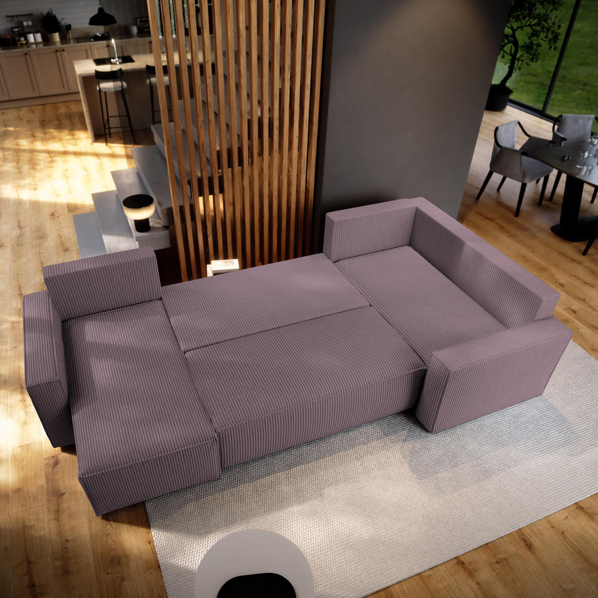 WOHNLANDSCHAFT NORENA R-S Lila Kordstoff mit Schlaffunktion - Lila, Holz (295/85/157.5cm) - MASSENO