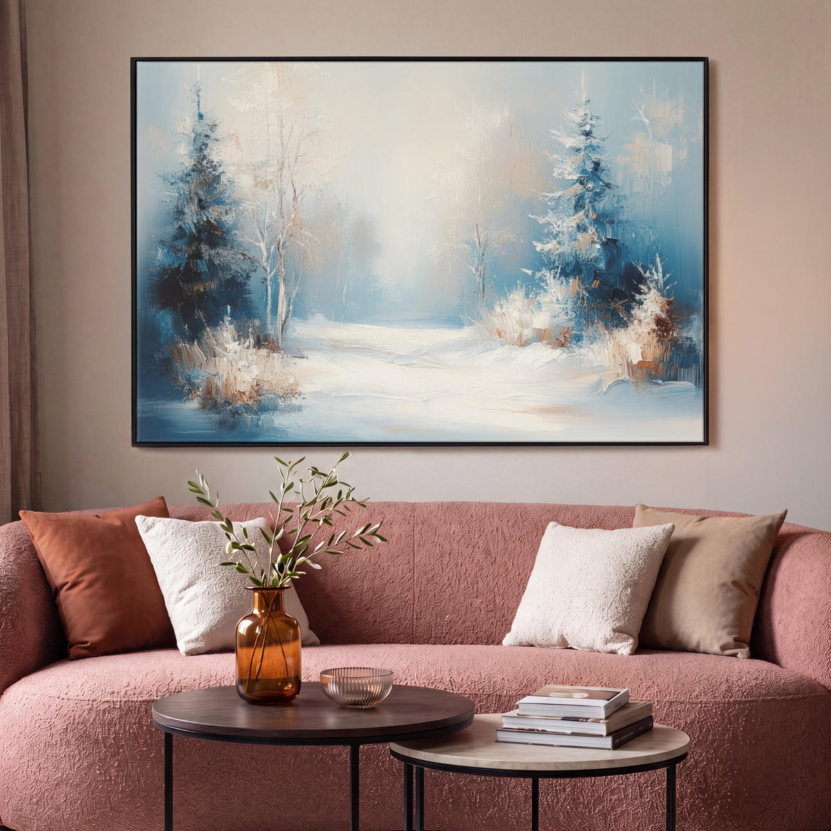 LEINWAND Bilder mit Rahmen - Wald – Winter – Natur – Abstrakt – Schnee - 120x80 - Weiß, Textil (120/80cm) - MuchoWow