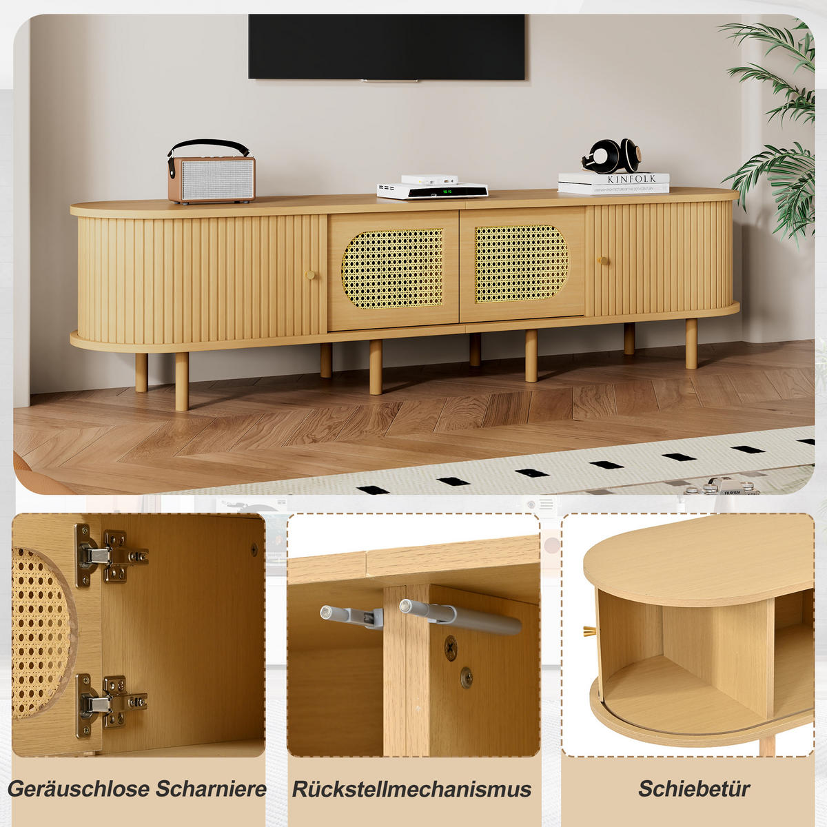 TV-SCHRANK 180/40/40 cm Helles Holz mit Rattan-Design und 4 Türen - Naturfarben, Holzwerkstoff (180/40/40cm) - Oxeza
