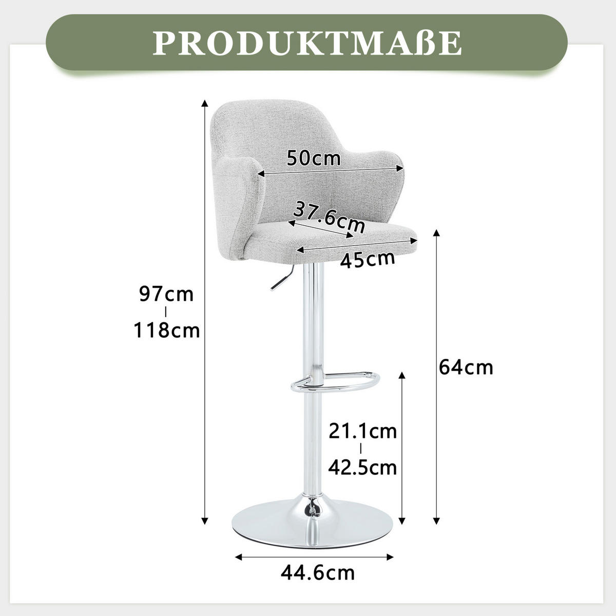 BARHOCKER höhenverstellbar & 360° drehbar 2er-Set Stoff Hellgrau - Hellgrau, Metall (37.6/118/45.1cm) - Meubliv
