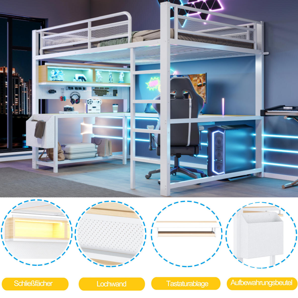 HOCHBETT 140/200 cm in Weiß mit Schreibtisch, LED und USB - Weiß, Holzwerkstoff/Metall (140/200cm) - WISHDOR