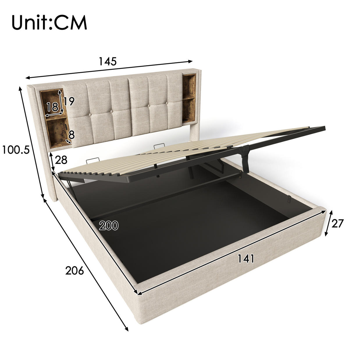 POLSTERBETT 140/200 cm Natürlich aus Leinen mit kabellosem Laden und Stauraum - Naturfarben, Textil (140/200cm) - OKMYHOME