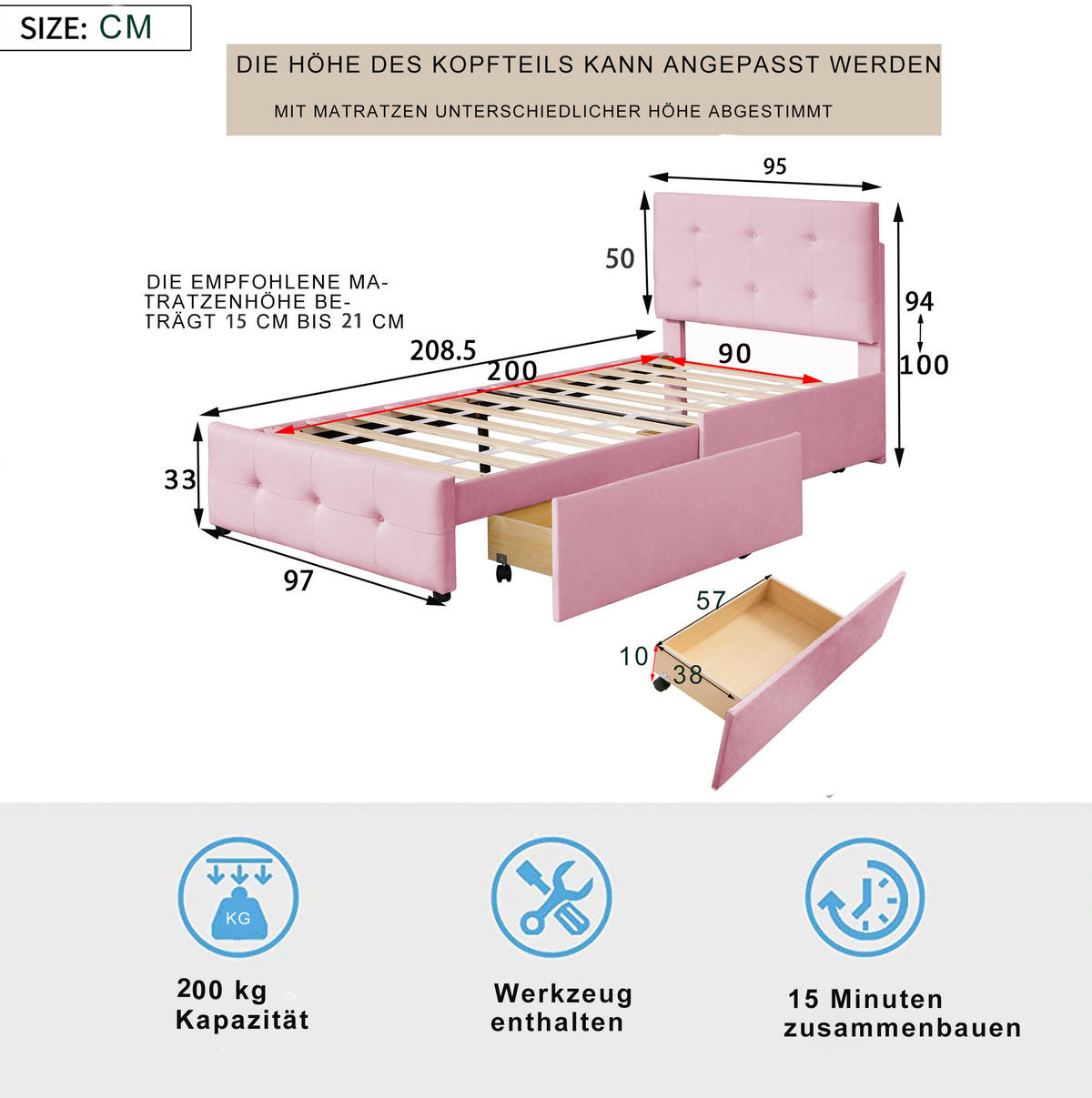 POLSTERBETT 90/200 cm mit Lattenrost, Rückenlehne und Schublade aus Samt, Pink - Pink, Textil (90/200cm) - Redom