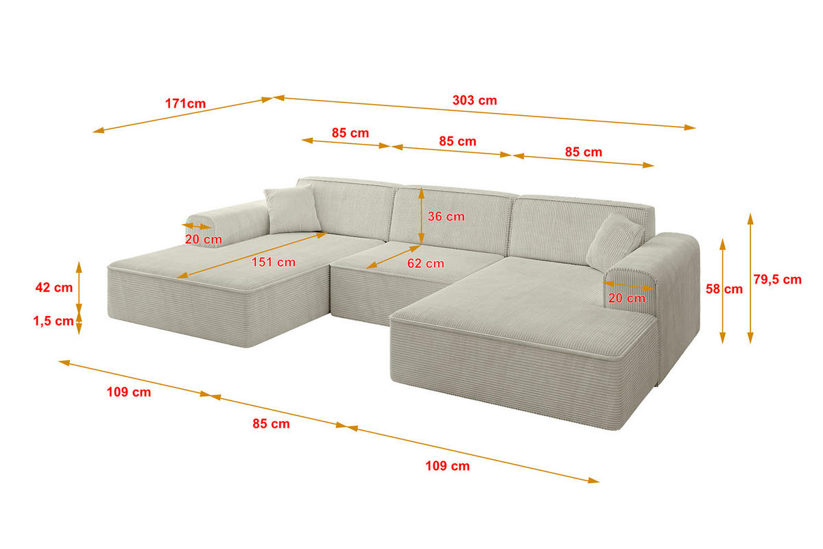 WOHNLANDSCHAFT IREA-U1-v3 - 303x171x79 cm Hellgrau - Ecru, Holzwerkstoff/Textil (303/79/171cm) - ALTDECOR