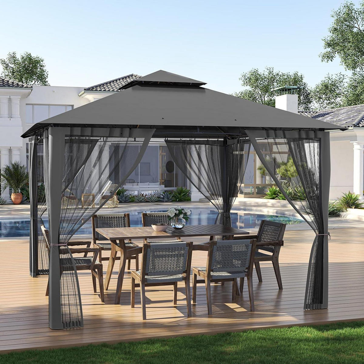GARTENPAVILLON 2.8 x 2.8M Grau Wasserdicht mit Moskitonetz - Grau, Metall (275/275/275cm)