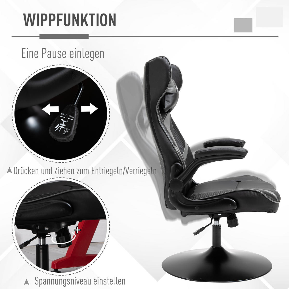 GAMING Stuhl, Drehstuhl, Schwarz+Grau - Silberfarben/Schwarz, Metall (70/112/67cm) - Vinsetto