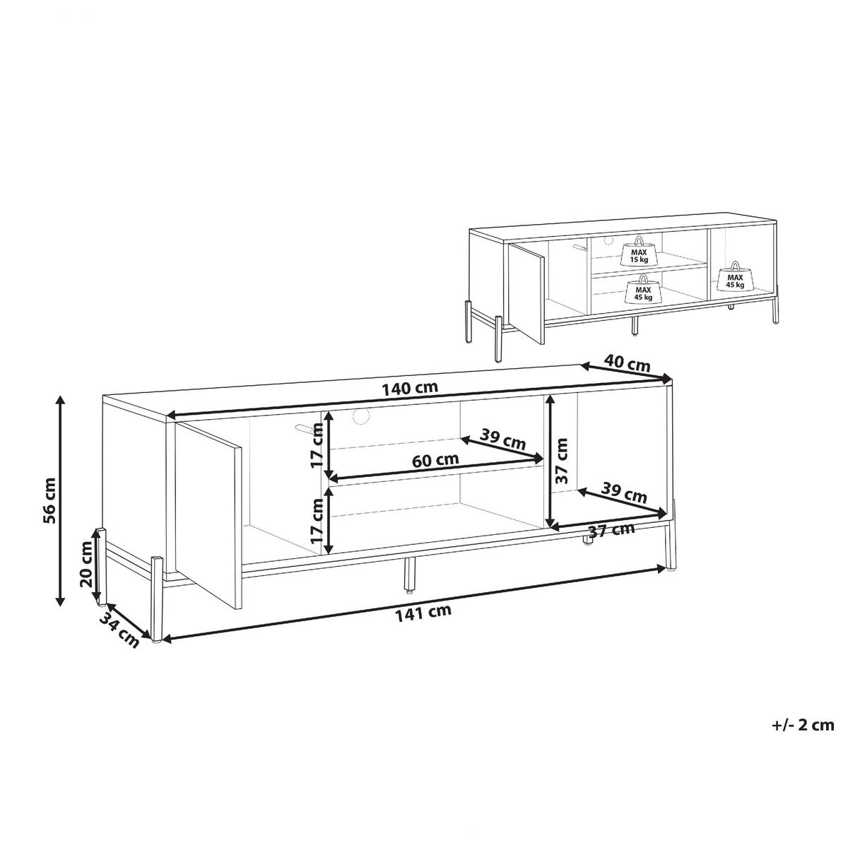 TV STOLEK Světle hnědý, Šedý, Černý MOINES 56/140/40 cm - světle hnědá, kompozitní dřevo (140/56/40cm) - Beliani