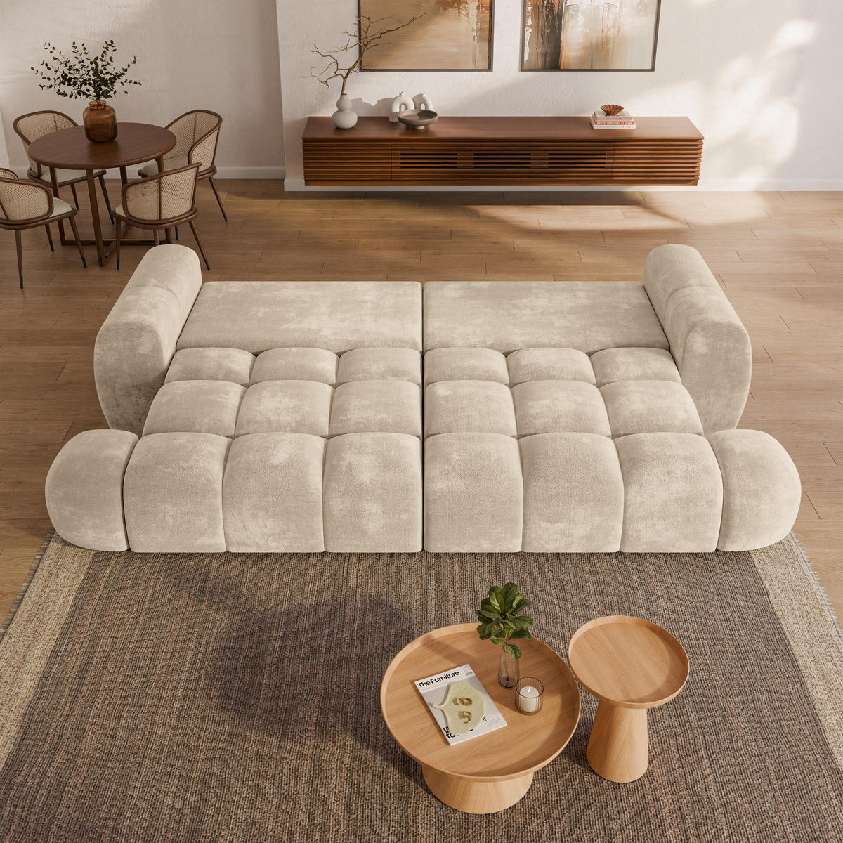 BETTSOFA DAFNE Creme Chenille-Stoff mit Schlaffunktion - Creme, Textil (300/88/113cm) - MASSENO