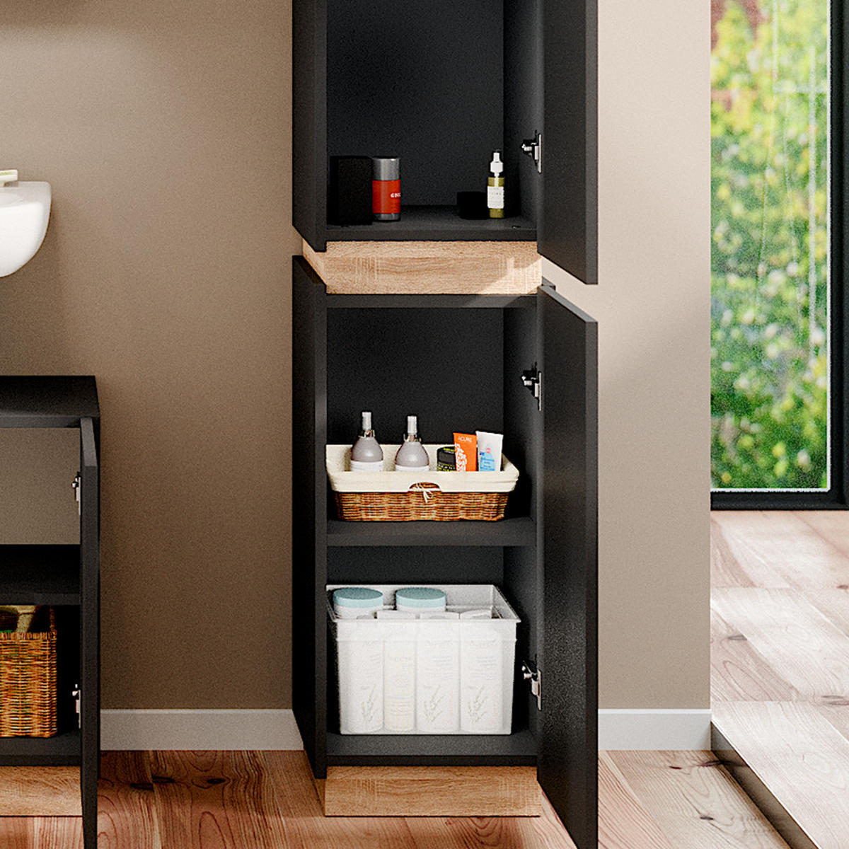 BADSCHRANK Gloria Anthrazit 33 x 197.5 cm mit 2 Türen - Anthrazit/Sonoma Eiche, Holzwerkstoff (33/197.5/35cm) - Vicco