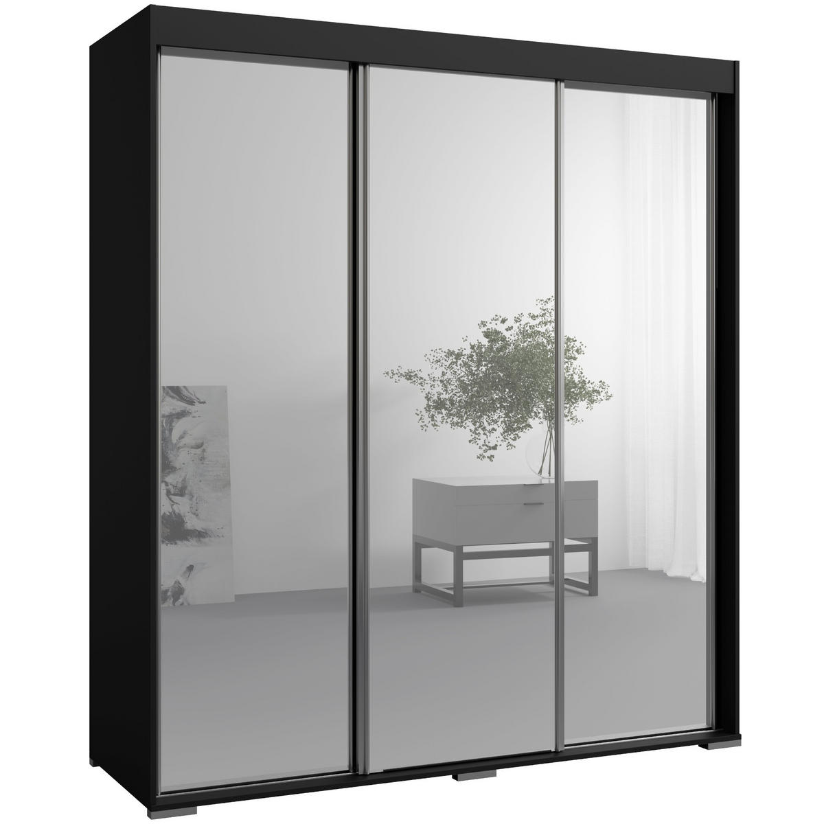 SCHIEBETÜRENSCHRANK mit Schubladen und Spiegel Como 3D3L 180 Schwarz - Silberfarben/Schwarz, Holzwerkstoff/Metall (180/208/67cm) - mzm24