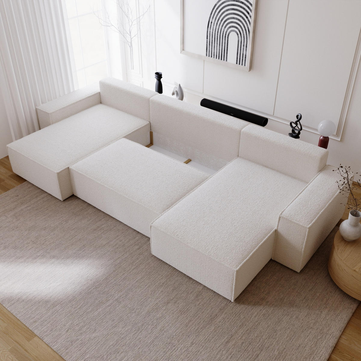 ECKCOUCH Bergamo U Bouclé mit Schlaffunktion, 380 cm, Creme - Creme, Holz (377/189cm) - Emporius