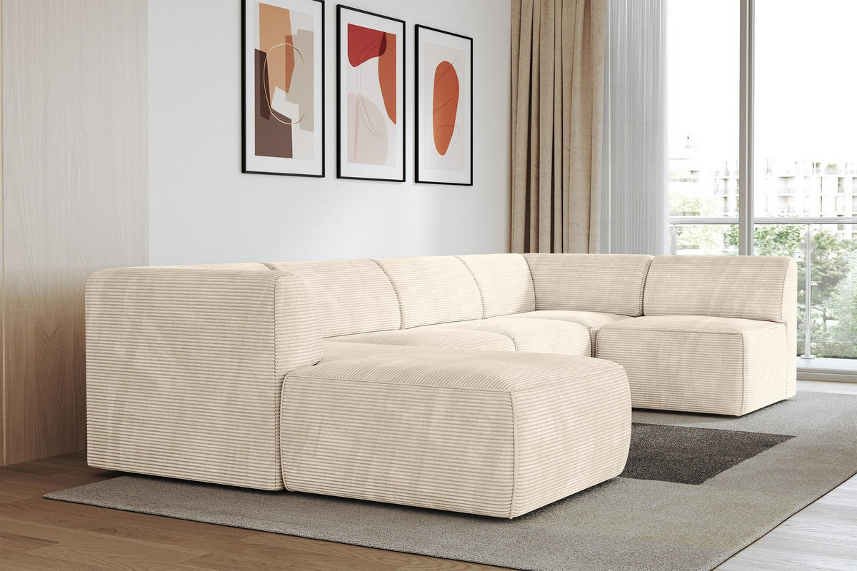 WOHNLANDSCHAFT Ottomane Links MOVA 345x180x78 Beige Cord - Kaschmir/Beige, Holzwerkstoff/Kunststoff (180/78/345cm) - ALTDECOR
