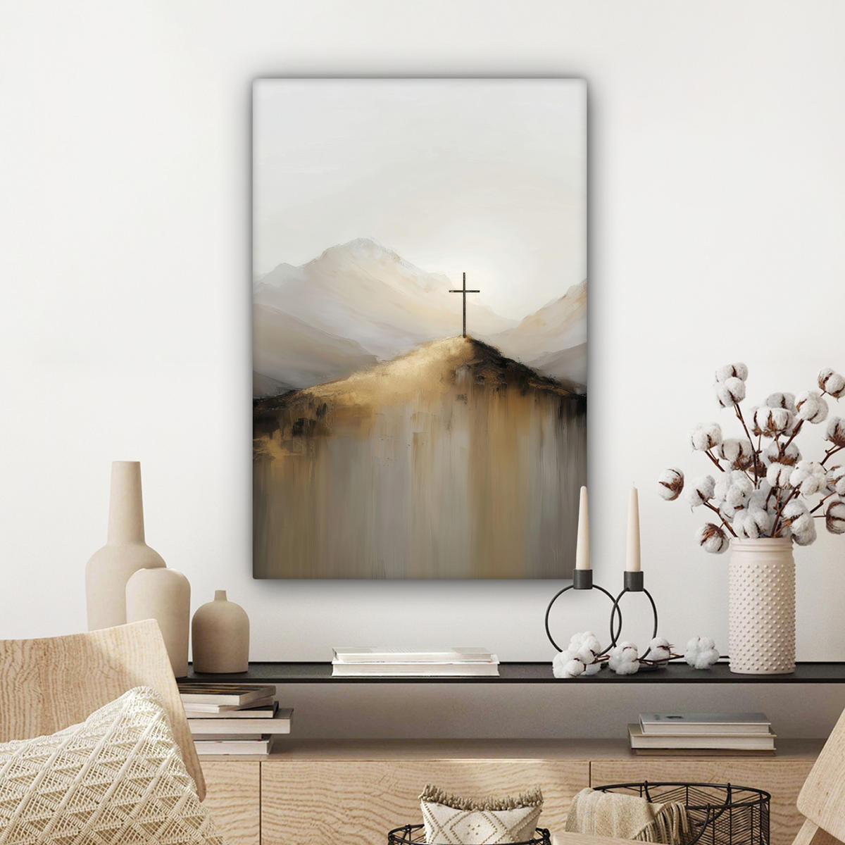 LEINWANDBILD Hügel - Abstrakt - Kreuz - Christentum Wanddeko Schlafzimmer 60x90 cm - Beige, Textil (60/90cm) - MuchoWow