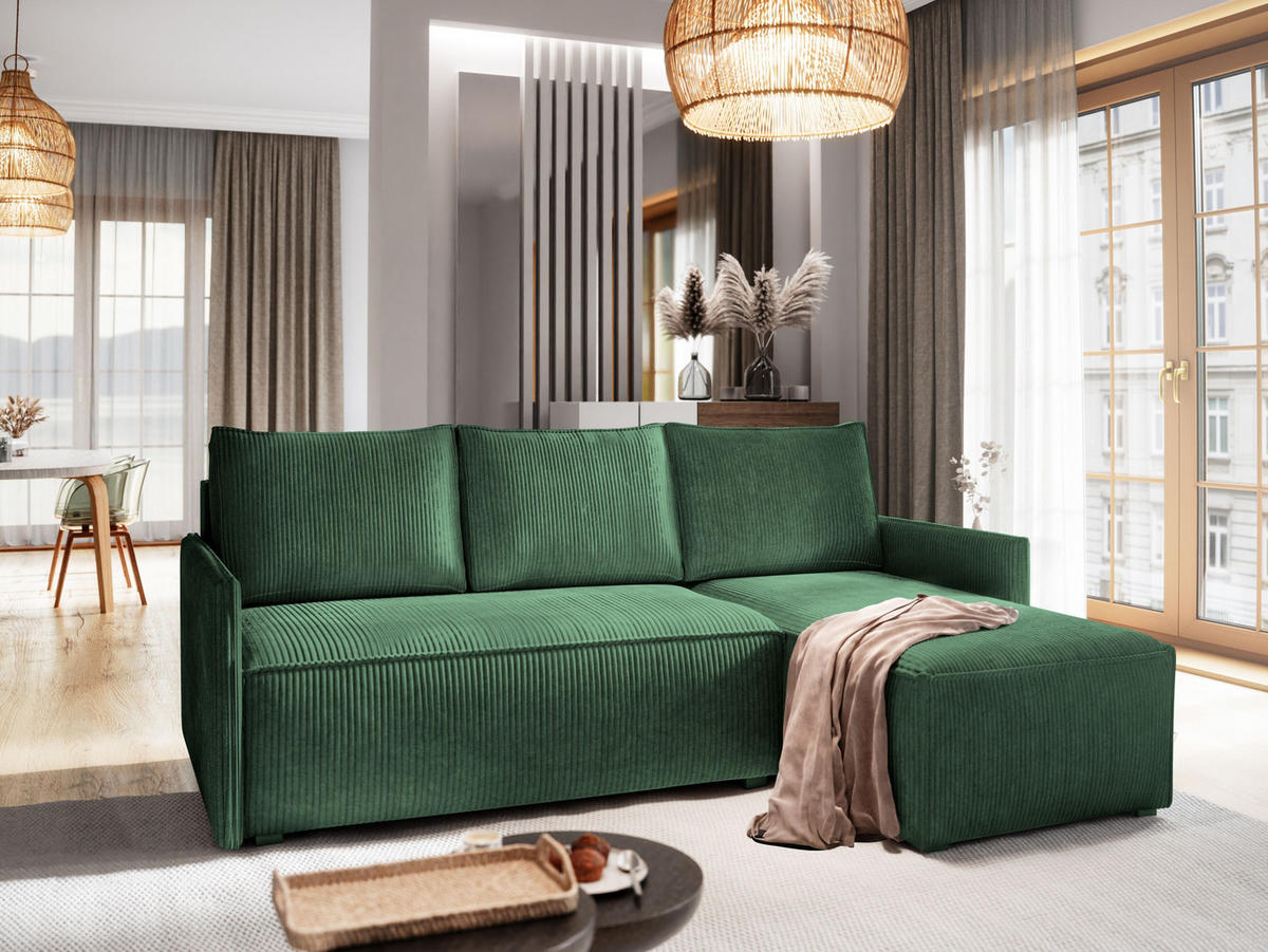 ECKSOFA PERUSI Grün Kordstoff mit Schlaffunktion - Grün, Holz (206/143cm) - MASSENO