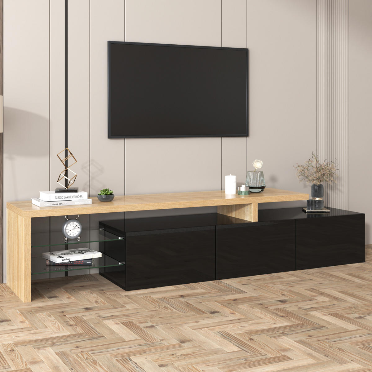 TV Lowboard LED, 7 Farben, 3 Türen, Glasregale, Schwarz - Schwarz, Holz (197/42/39cm)