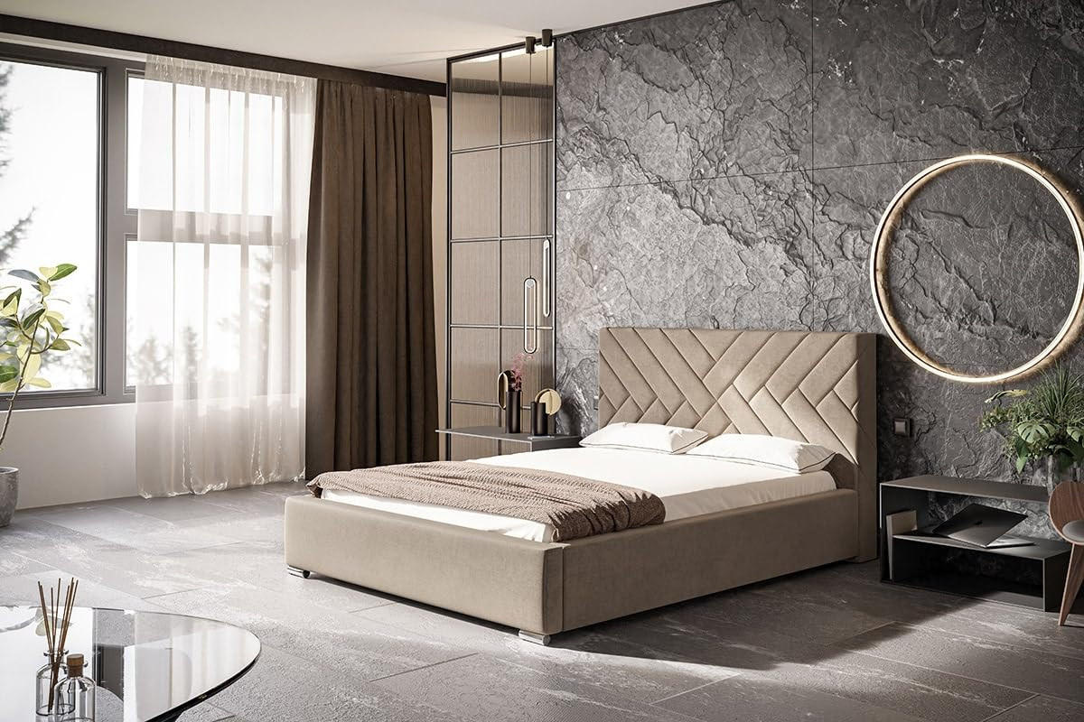 POLSTERBETT Monaco mit Kopfteil, 140x200 cm, Doppelbett mit Bettkasten und Lattenrost aus Holz, Velourstoff Sand - Gelb, Holz/Textil (140/200cm) - Alpi-Möbel