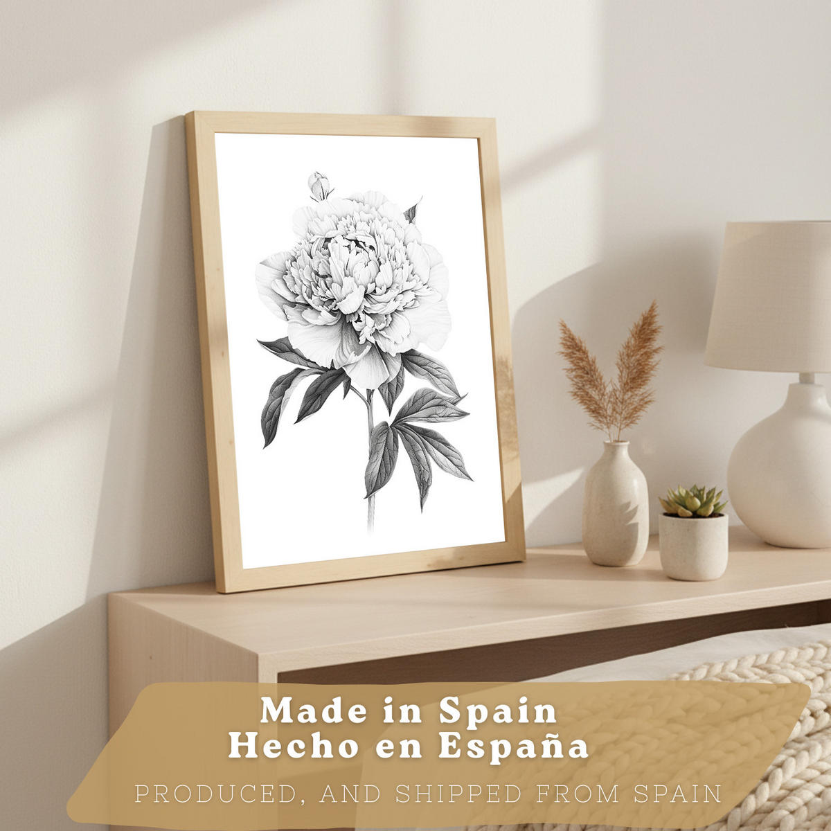 PLAKAT Sada 3 obrázků květin. Dekorativní nástěnné tisky Květiny tužkou. botanický plakát na zeď.Rám z lehkého dřeva velikosti A4 - béžová, papír (29.7/42/3cm)