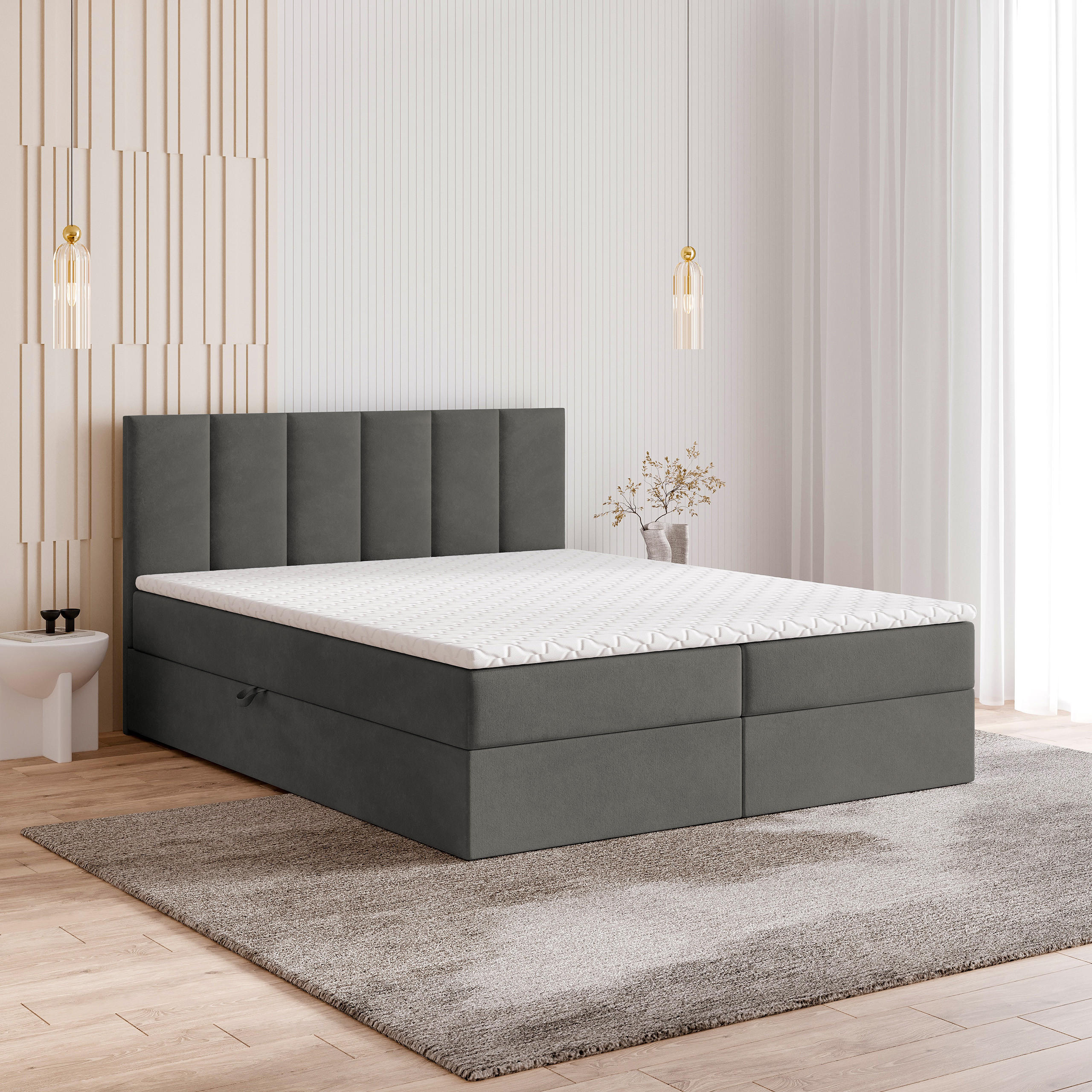 BOXBETT MERIL 160x200 cm mit Matratze und Topper - Grau - Grau, Holz (160/200cm) - MASSENO