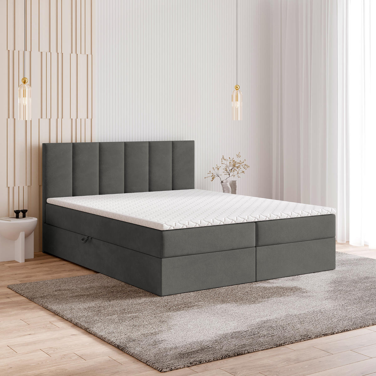 BOXBETT MERIL 160x200 cm mit Matratze und Topper - Grau - Grau, Holz (160/200cm) - MASSENO