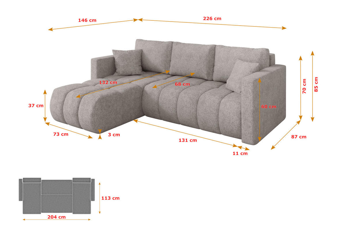 ROHOVÁ SEDAČKA s funkcí spaní, otoman vlevo GARD-L 226x146x85 světle šedá velur - černá/světle šedá, kompozitní dřevo/textil (226/146cm) - ALTDECOR