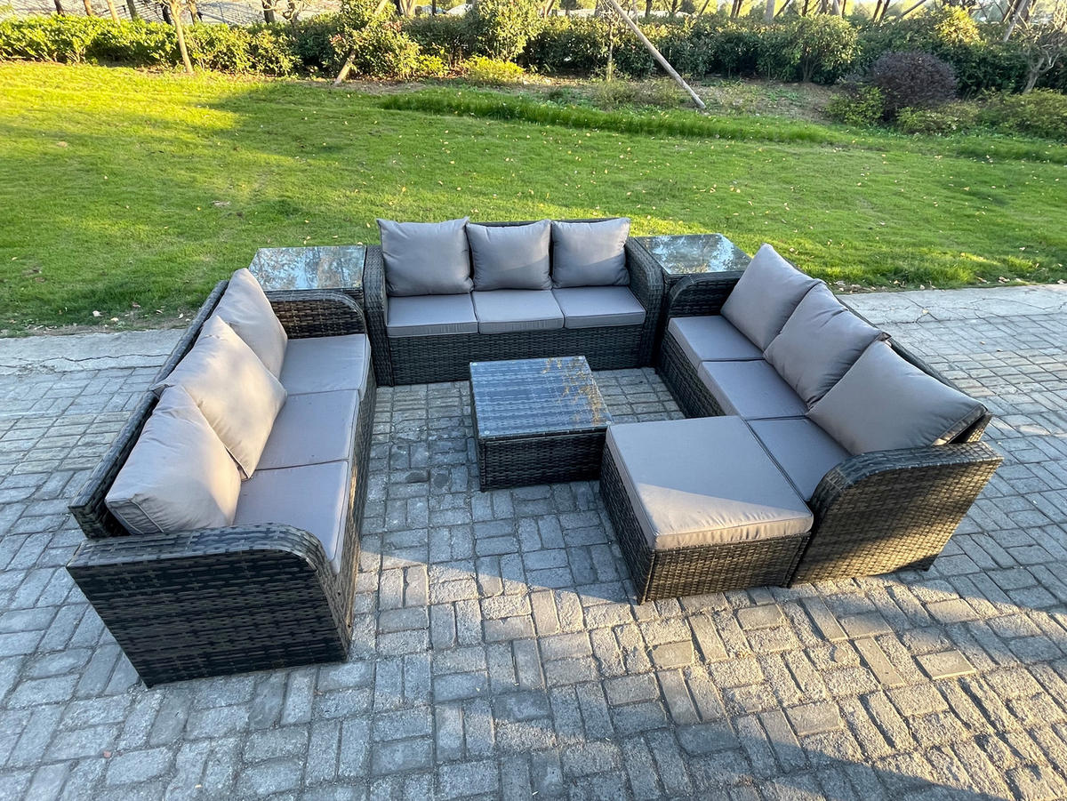 GARTENMÖBELGARNITUR mit KISSEN Polyrattan Dunkelgrau 10-Sitzer - Dunkelgrau/Grau, Glas/Kunststoff - Fimous