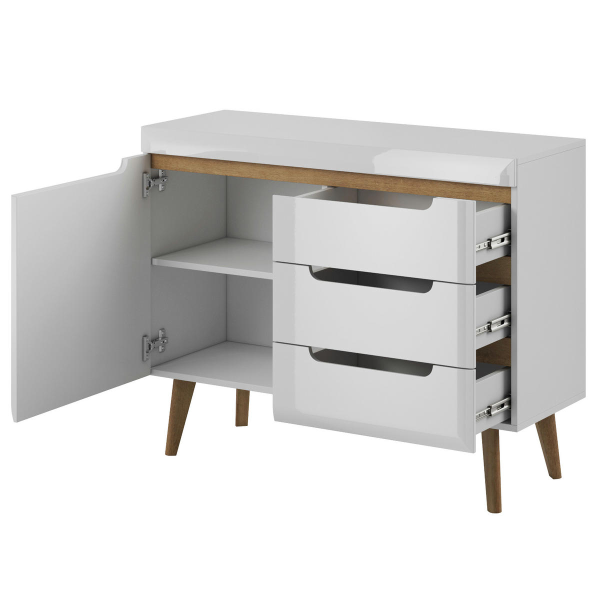 SIDEBOARD SUDBURRY KOM2-1D3S Fronten, in Hochglanz aus MDF-Platte, Weiß - Weiß, Holz/Holzwerkstoff (107/83/40cm) - Komodee