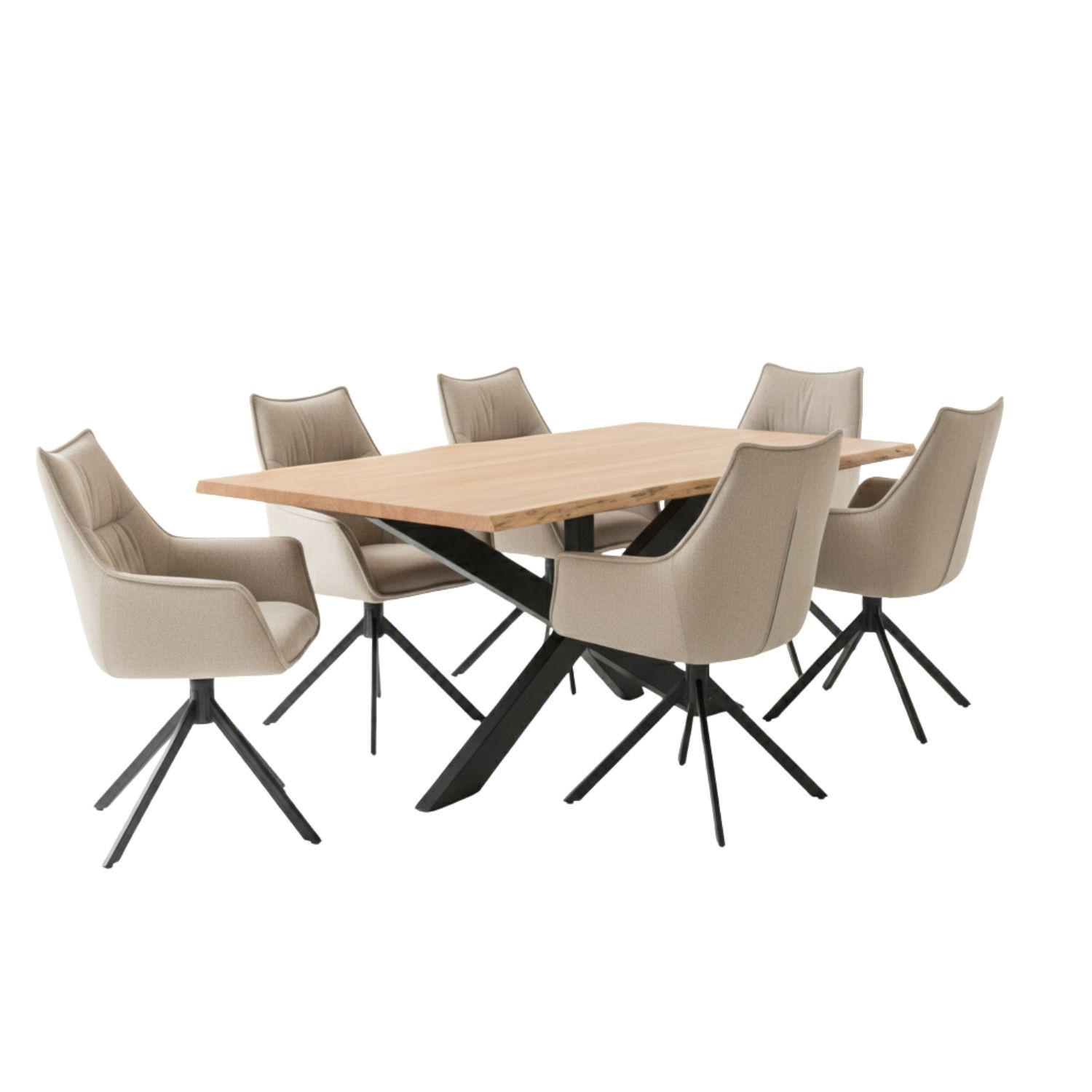MÖBELSET Baumkantentisch Catania, 6er Set Diningsessel Ginosa hellgrau - Hellgrau/Schwarz, Holz/Textil (100/76/200cm) - bene living