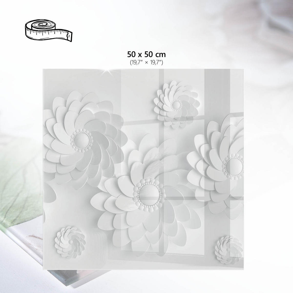 TISCHPLATTE 50x50 cm – Weiße Blüten - Schwarz, Glas (50/50/0.4cm) - Wallfluent