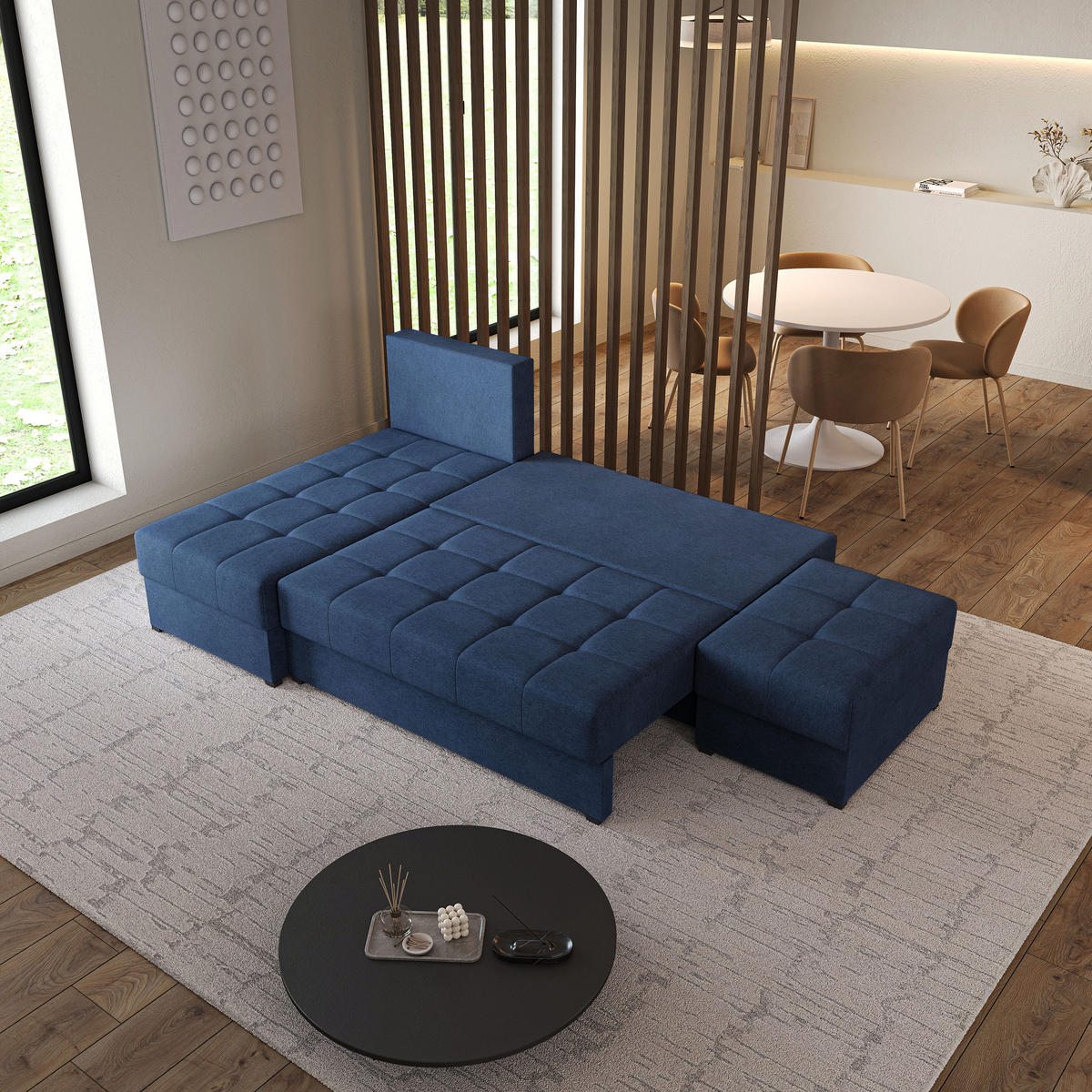 ECKSOFA NORVI Blau Geflochtener Stoff mit Schlaffunktion - Blau, Holz (251/143cm) - MASSENO