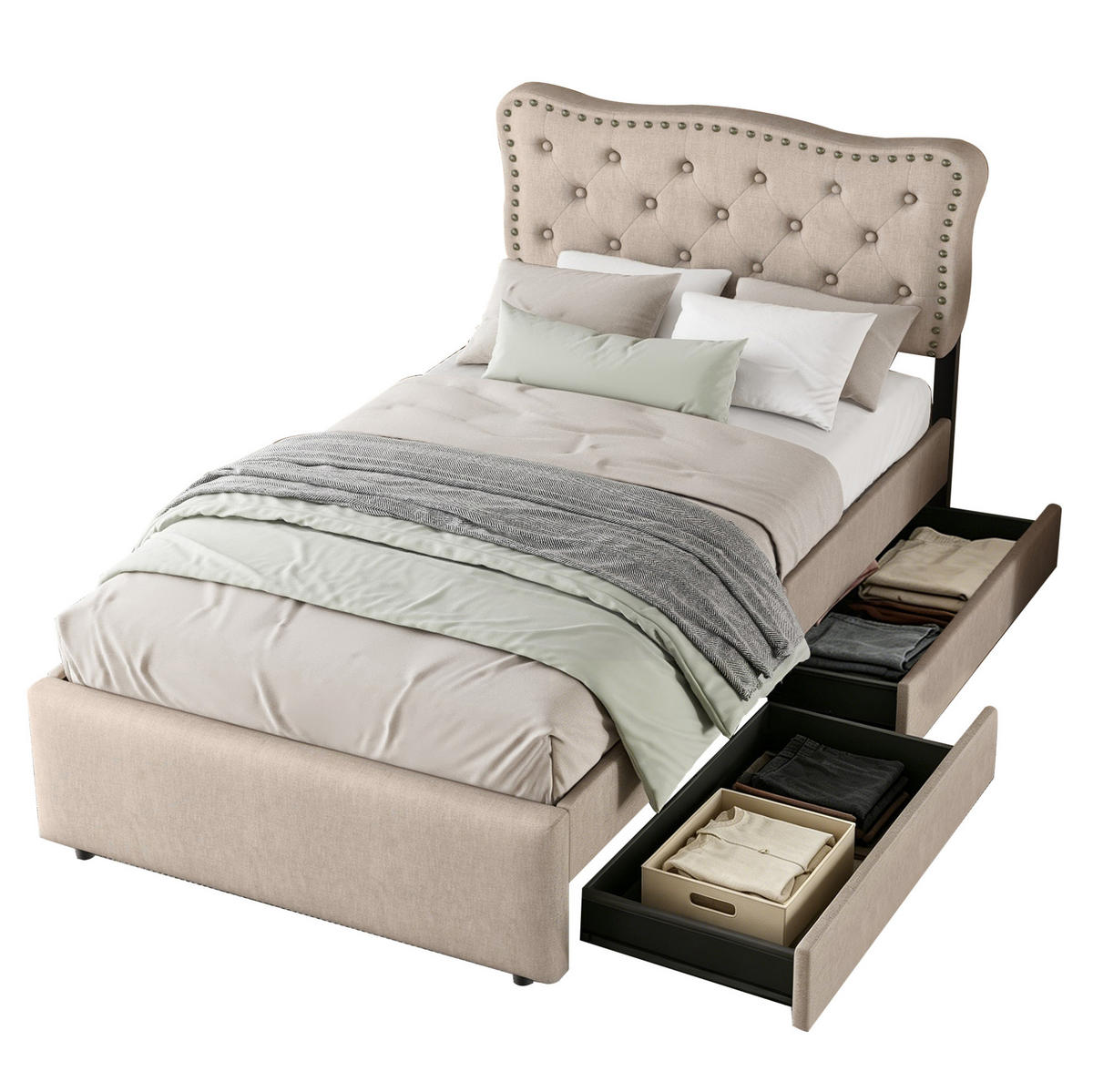 POLSTERBETT 90/200 cm Dunkelbeige aus MDF und Leinenstoff mit 2 Schubladen - Beige, Textil (90/200cm) - OKMYHOME