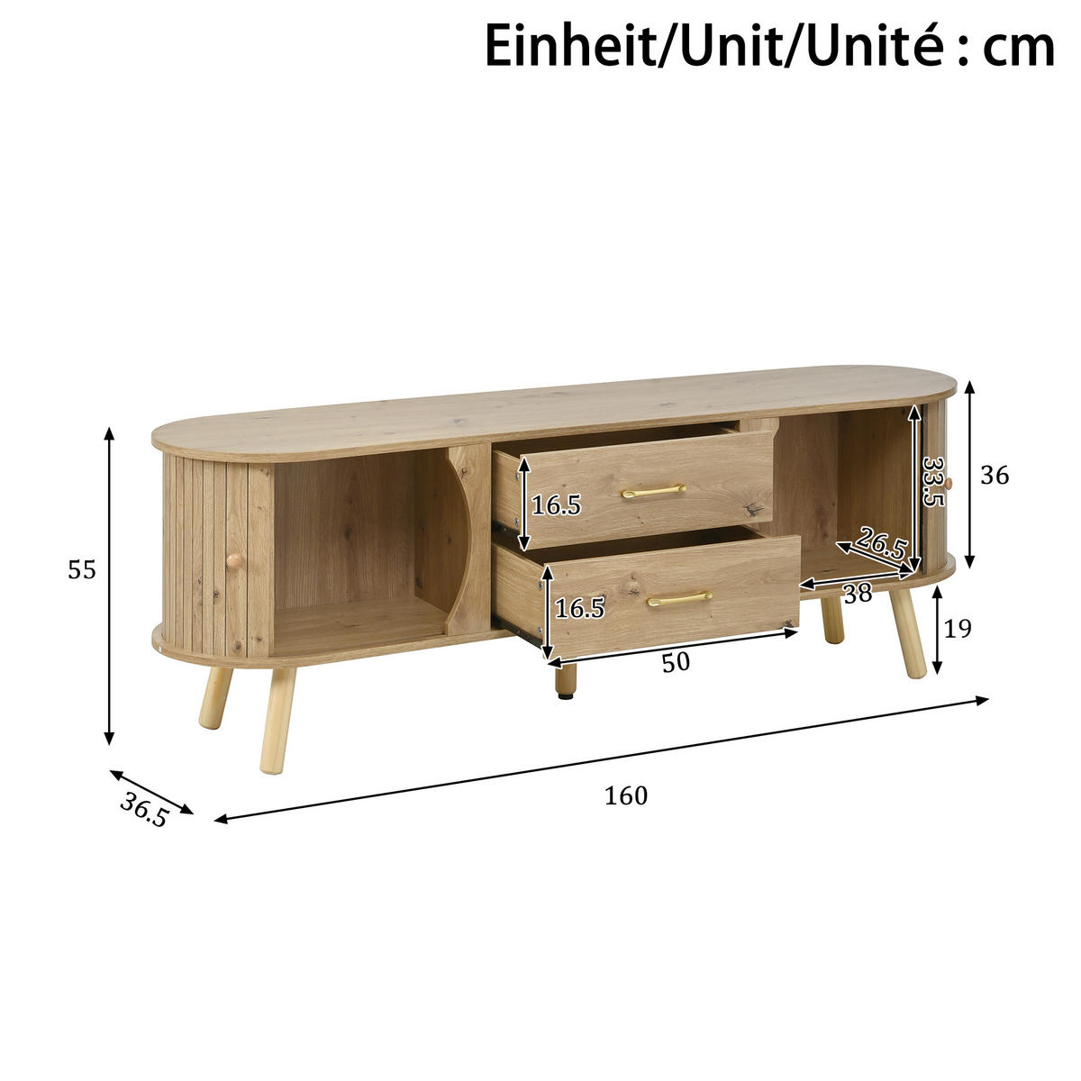 TV-LOWBOARD organisch Rillenoptik 2 Türen 2 Schubladen - Naturfarben, Holz (160/55/36.5cm) - Fortuna Lai