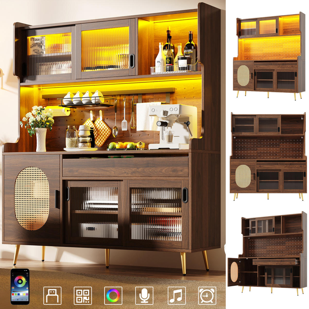 HIGHBOARD in Braun Küchenschrank mit LED-Lichtleiste und Schubladen für Küche und Wohnzimmer, B145/T39/H171 cm - Goldfarben/Braun, Glas/Holzwerkstoff (145/171/39cm) - STILVORA