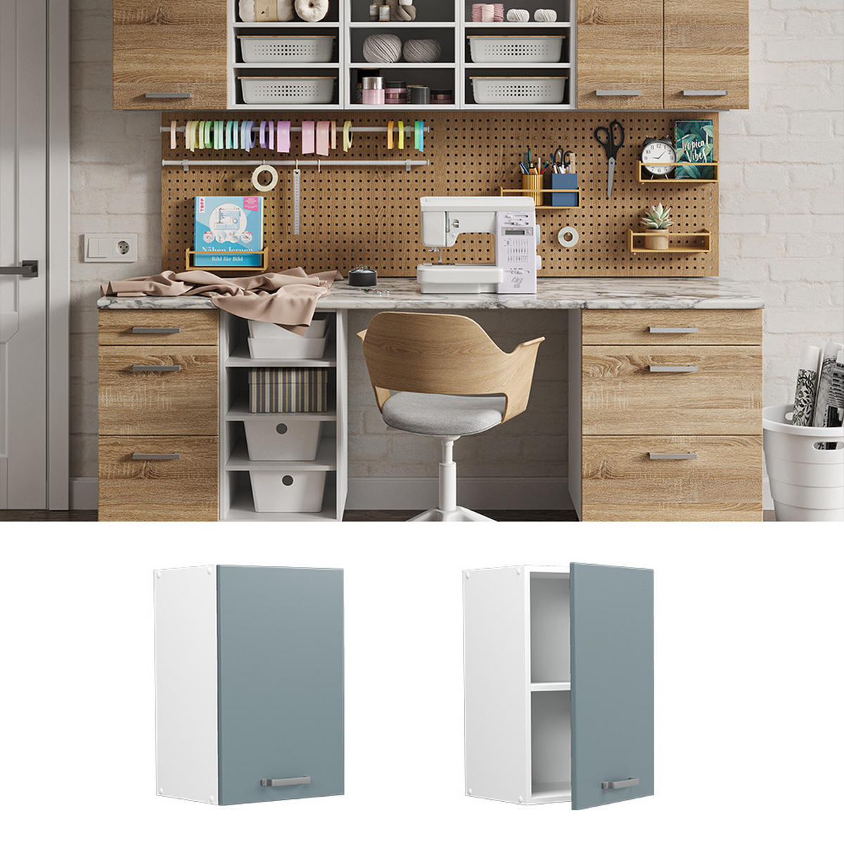 UNIVERZÁLNÍ NÁSTĚNNÁ SKŘÍŇKA R-Line Modrošedá - bílá/šedohnědá, kompozitní dřevo (40/60/31cm) - Vicco