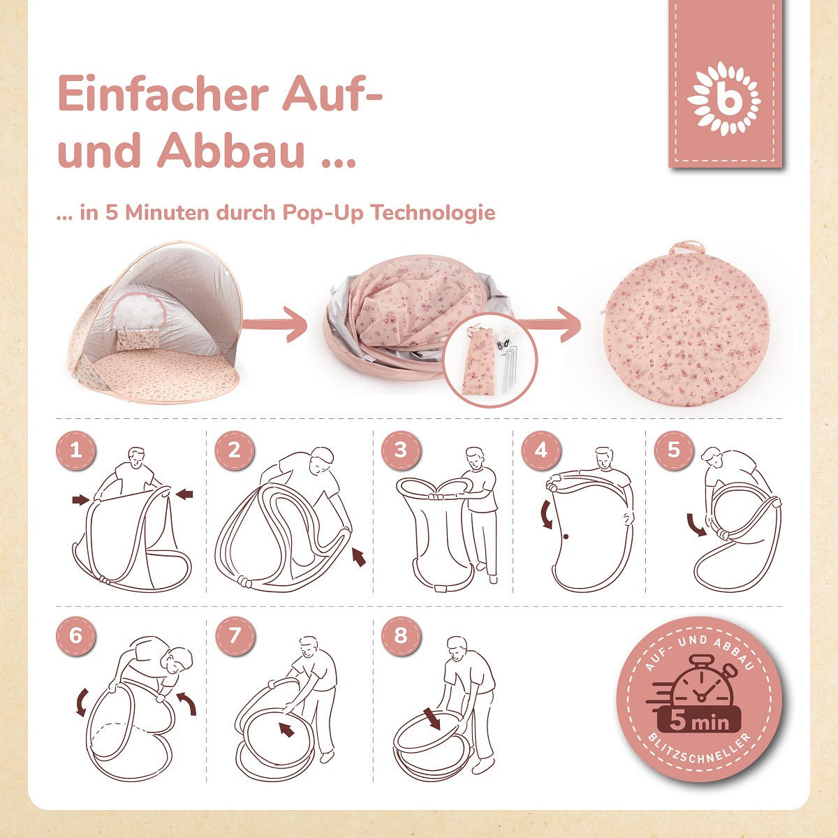 STRANDMUSCHEL Pop-up, UV-Schutz 40+ - Rosa, Textil (105/146cm) - Bieco Spielwaren