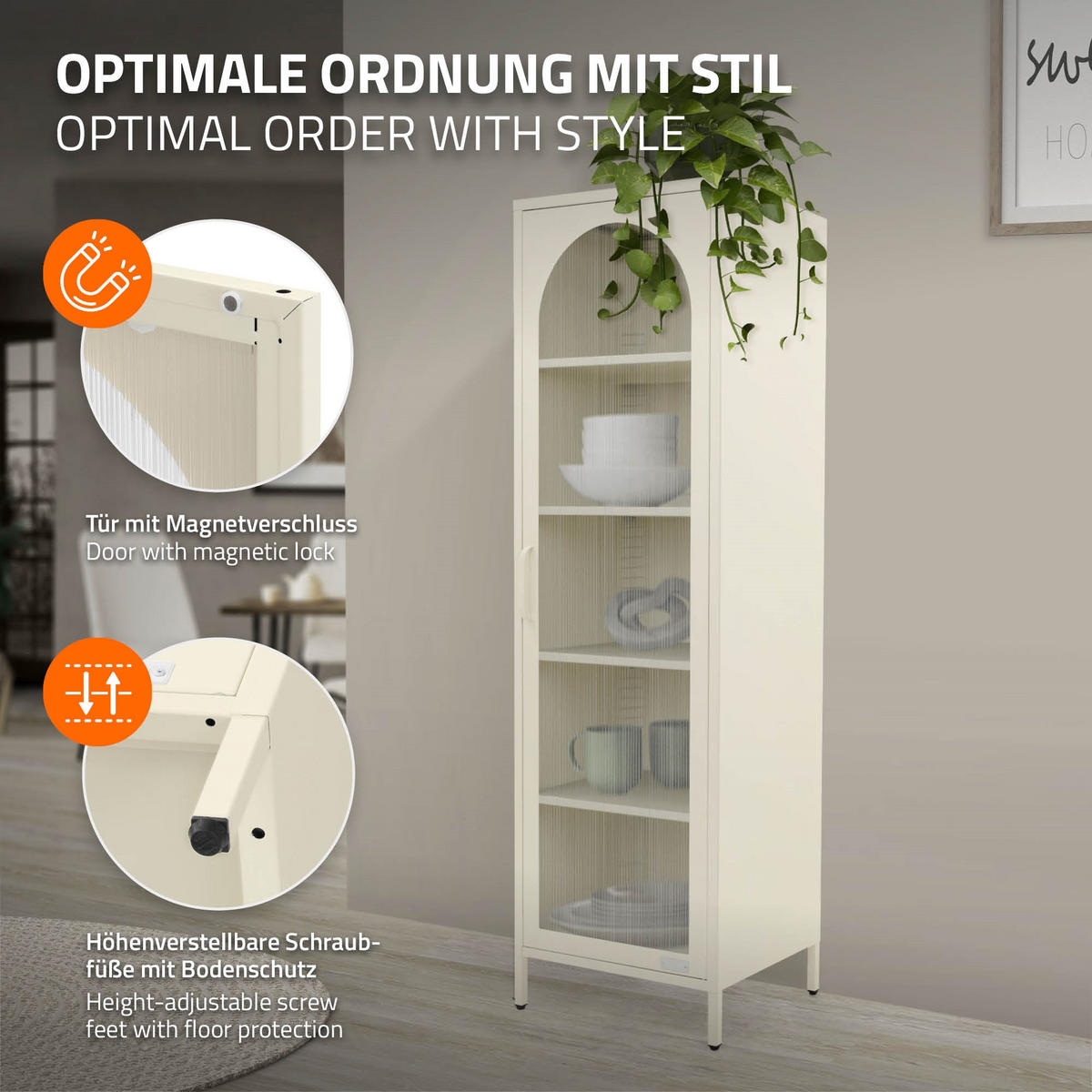 VITRINENSCHRANK 45x145x35 cm Creme aus Stahl - Creme, Metall (45/145/35cm) - ML-DESIGN