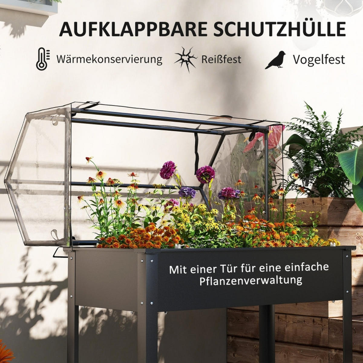 HOCHBEET 100x48x124 cm mit Gewächshaus Dach schwarz - Schwarz, Metall (100/124/48cm) - Fortuna Lai