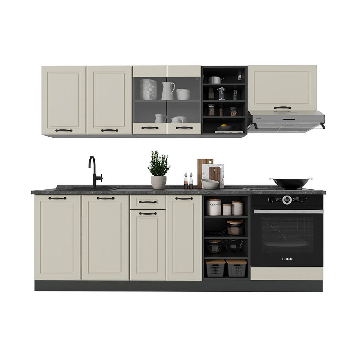 KÜCHENZEILE R-Line, Sand Landhaus/Anthrazit, 240 cm Arbeitsplatte Goldkraft Eiche - Beige/Anthrazit, Holzwerkstoff (240/206.8/60cm) - Vicco
