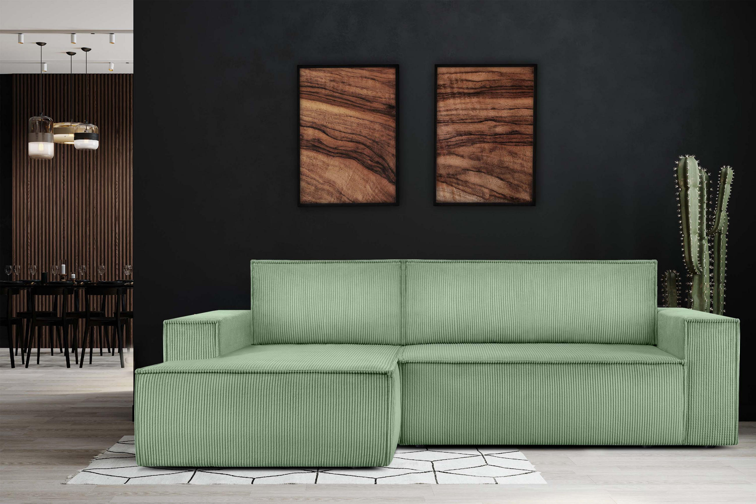 ECKSCHLAFSOFA-LINKS NAPI in Pet Friendly Cord-Stoff, mintfarben - Schwarz/Mintgrün, Textil (262/148cm) - KONSIMO®
