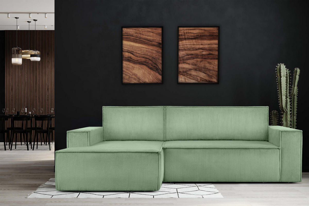 ECKSCHLAFSOFA-LINKS NAPI in Pet Friendly Cord-Stoff, mintfarben - Schwarz/Mintgrün, Textil (262/148cm) - KONSIMO®