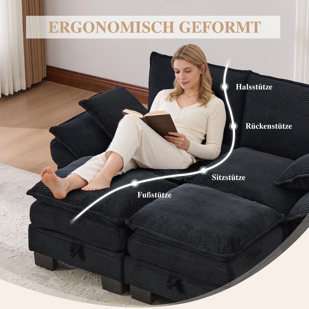2-SITZER SOFA Cord Schwarz mit USB-C und Hocker - Schwarz, Holzwerkstoff/Kunststoff (190/84/132cm) - WISHDOR