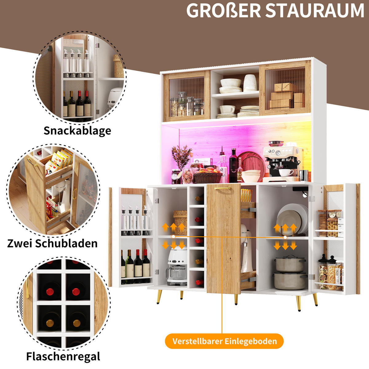 BUFFETSCHRANK 120/40/170 cm Weiß/Holzdekor aus MDF mit LED und Steckdose - Weiß, Holzwerkstoff (120/170/40cm) - OKWISH