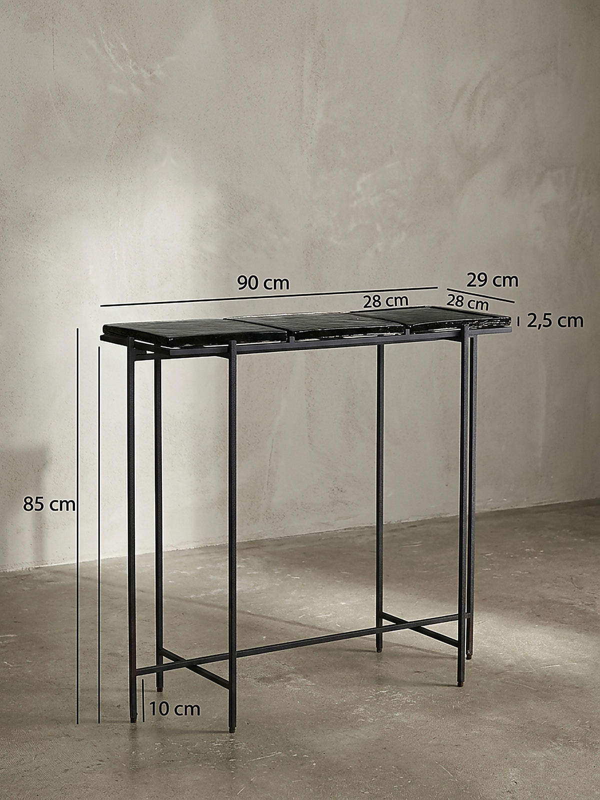 KONSOLENTISCH – Schwarz/Glas, 90x29x85 cm, Metallgestell, mit abnehmbaren Tischplatten - Schwarz, Glas/Metall (29/90/85cm) - KADIMA DESIGN